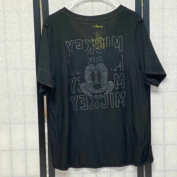 Short Stripe Sleeve V Neck Two Side Mickey Mouse Screen Print Tee Shirt Black 2X - Picture 6 of 13